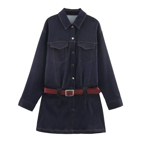 Denim Mini Dress with Belt - European Style KUN-00104