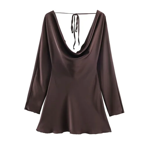Silk Satin Draped Collar Dress - Elegant European Style KUN-00047