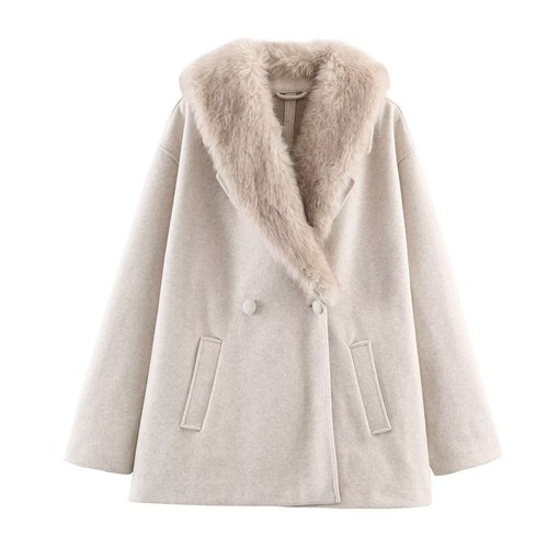 Wool Blend Fashionable Short Peacoat with Fur Collar KUN-00038