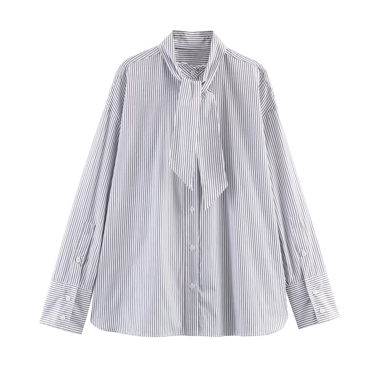 Striped Poplin Shirt Scarf Necktie Elegant Blouse KUN-00020
