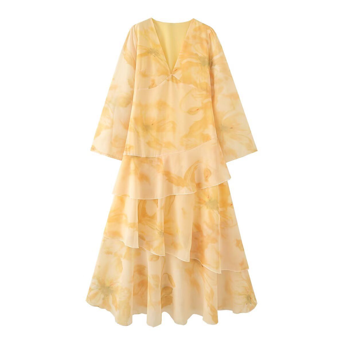 Chiffon Maxi Skirt - Layered Ruffle Long Dress KUN-00051