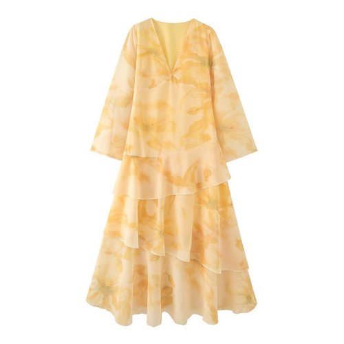 Chiffon Maxi Skirt - Layered Ruffle Long Dress KUN-00051