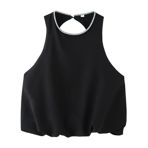 Blusa de mujer con escote abullonado y perlas, corte A, KUN-00075