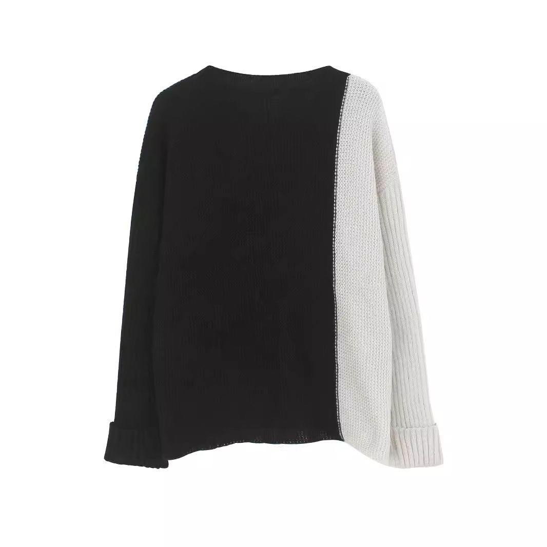 Knit Crewneck Sweater Color Block Loose Fit Spring Autumn Winter SSU-00015