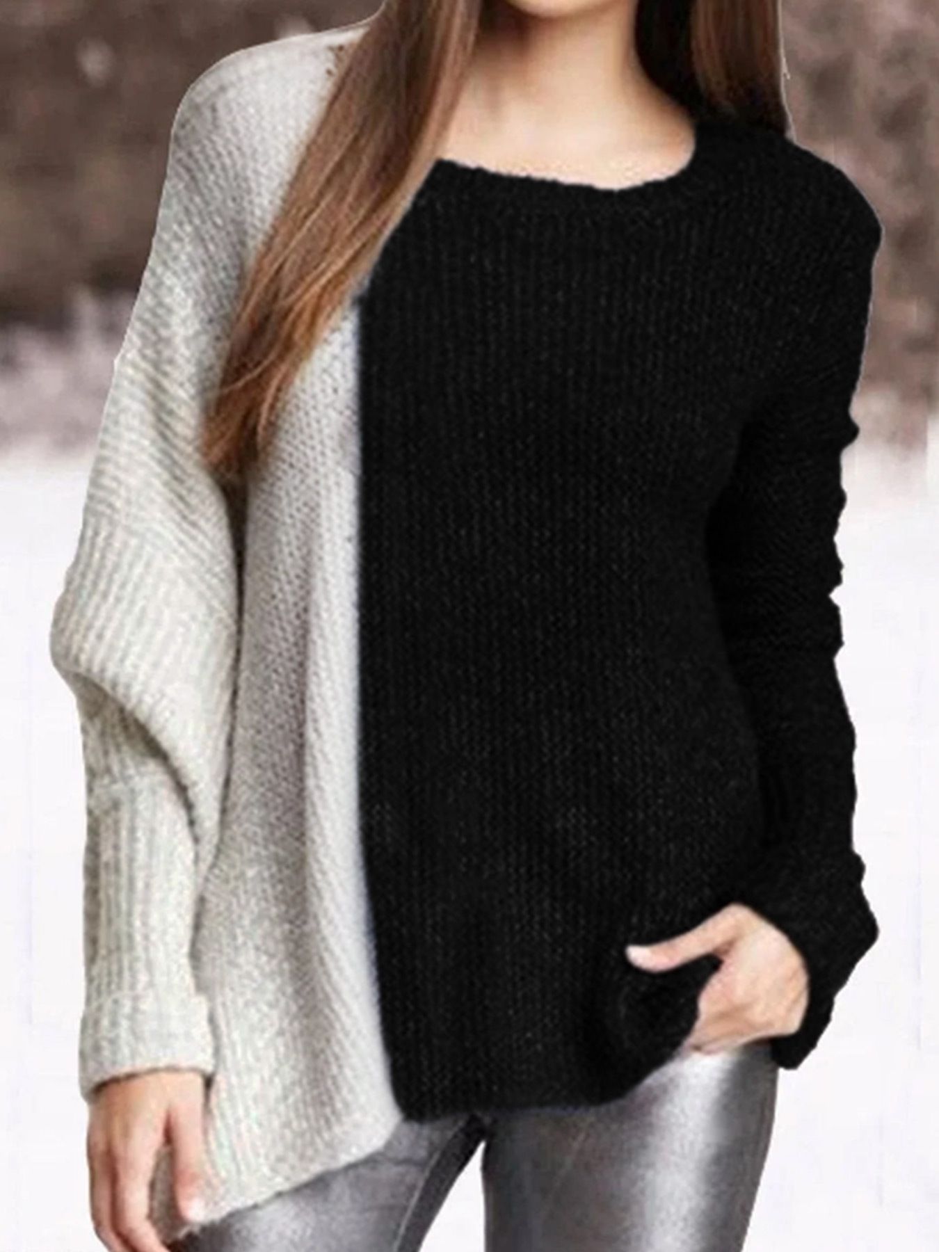 Maglione girocollo in maglia con blocchi di colore, vestibilità ampia, primavera autunno inverno SSU-00015