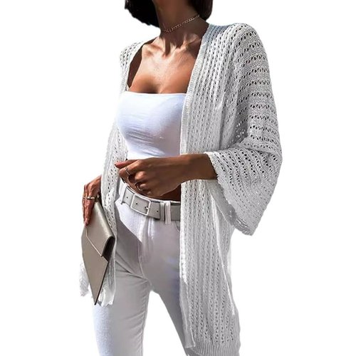 Cardigan leggero in maglia, ideale come copricostume estivo da spiaggia con apertura frontale.