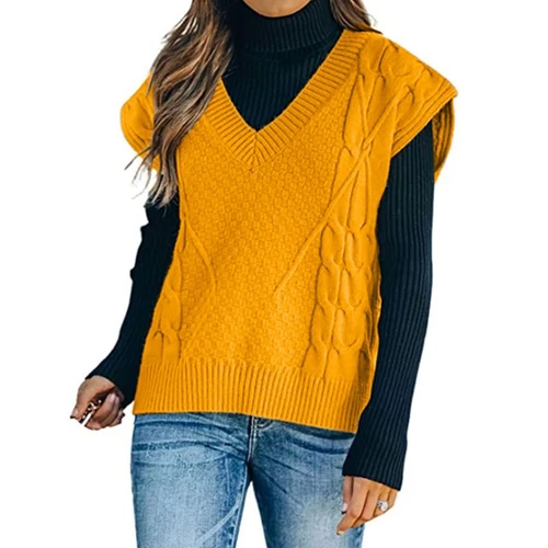 Cable Knit Sleeveless V Neck Sweater Vest Women SSU-00001