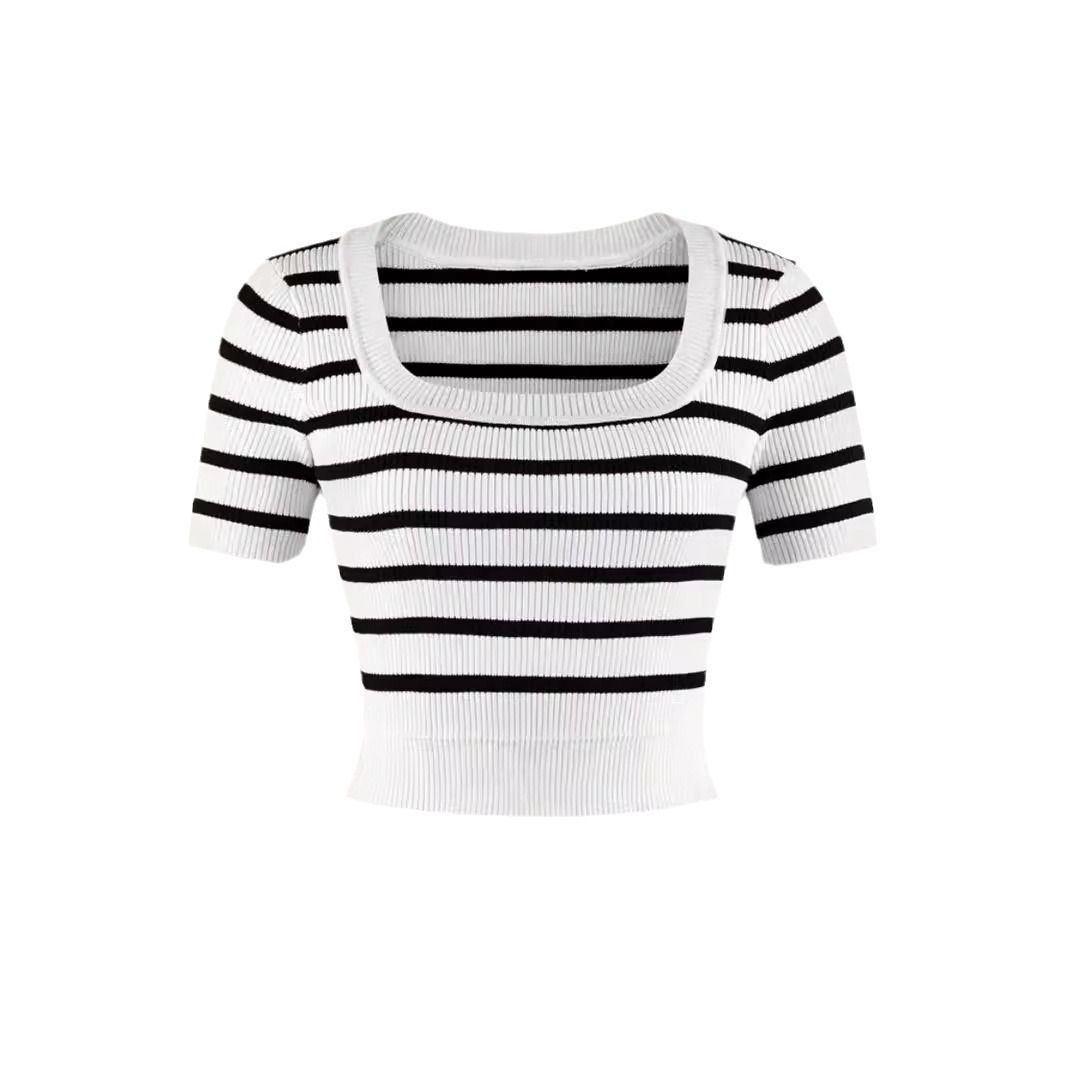 Striped Short Sleeve T-Shirt Square Neck Summer Top SSU-00001
