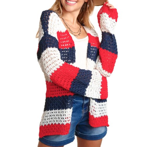 Cardigan lungo a maglia traforata con blocchi di colore, elegante per primavera e autunno.