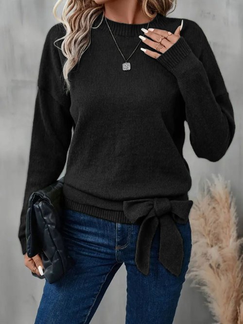 Strickpullover mit Rundhalsausschnitt, Schleife, Rippstrick, locker, lässig, Herbst/Winter SSU-00088