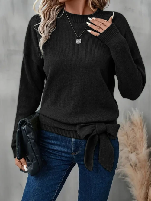 Knit Crewneck Sweater Bow Ribbed Loose Casual Autumn Winter SSU-00088