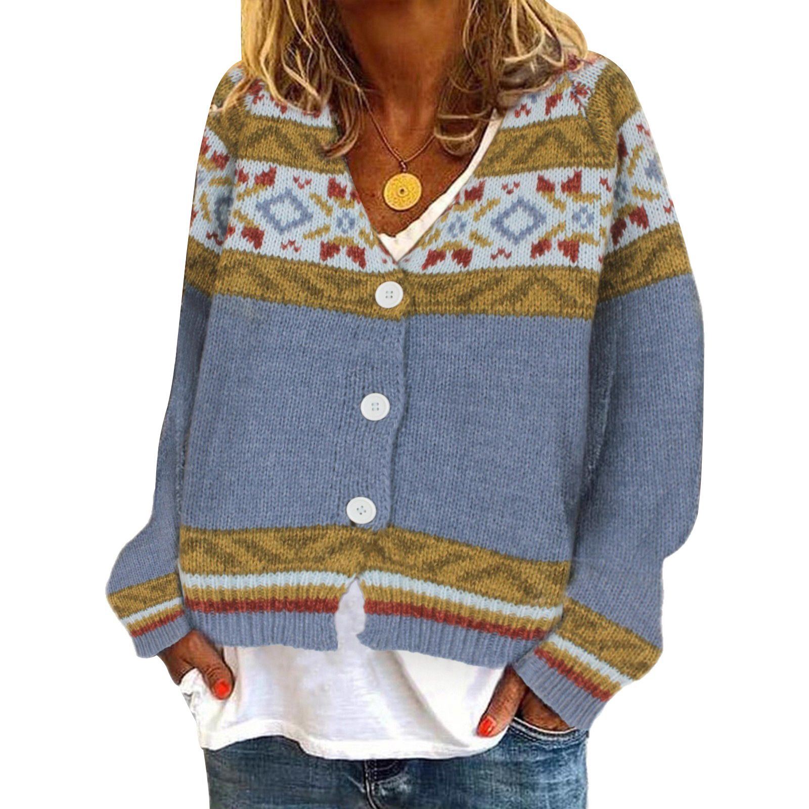 Knitted Cardigan Sweater Geometric Button Long Sleeve