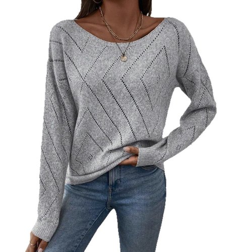 Damen-Strickpullover mit Rippstrick, langen Ärmeln und Lochmuster, lässiges Oberteil SSU-00067