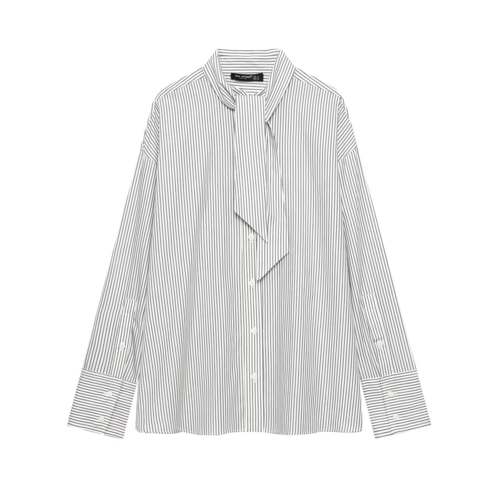 Striped Poplin Shirt with Scarf Tie - Women's Long Sleeve KUN-00082