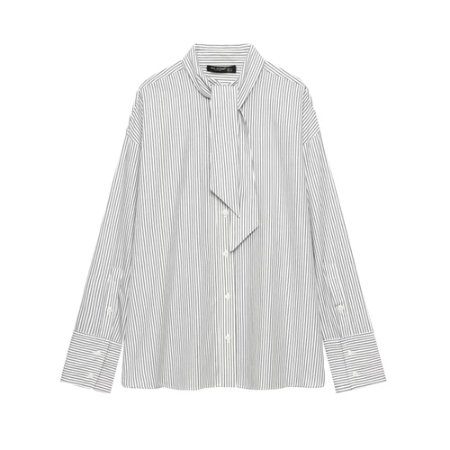 Striped Poplin Shirt with Scarf Tie - Women's Long Sleeve KUN-00082