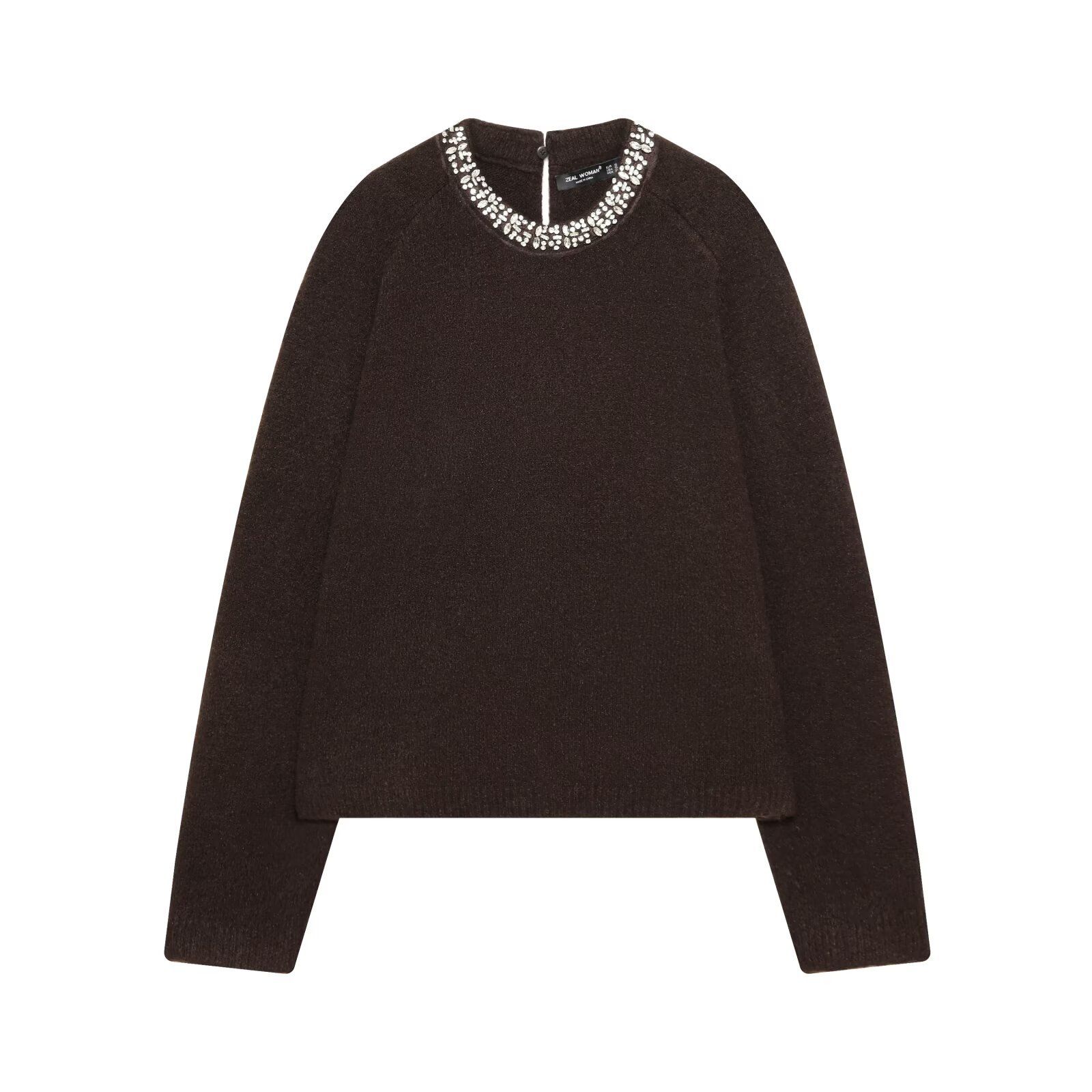 Top de punto de manga larga con escote de cuentas KUN-00010