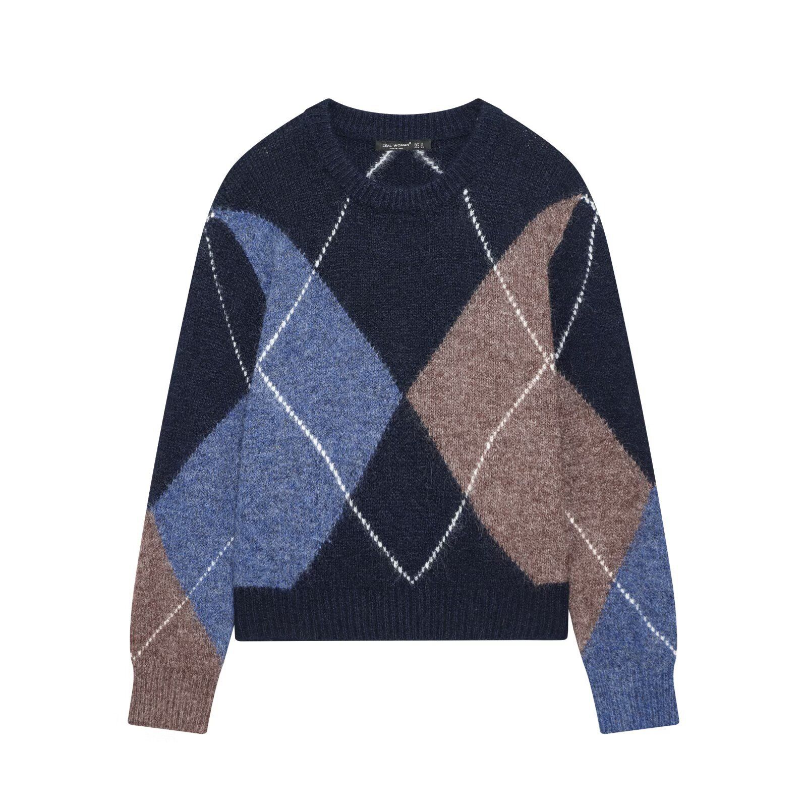 Suéter de punto para mujer con estampado de rombos y manga larga KUN-00008