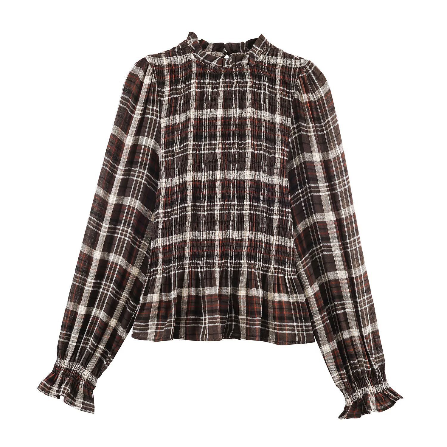 Women's Honeycomb Plaid Long Sleeve Shirt Stand Collar KUN-00032