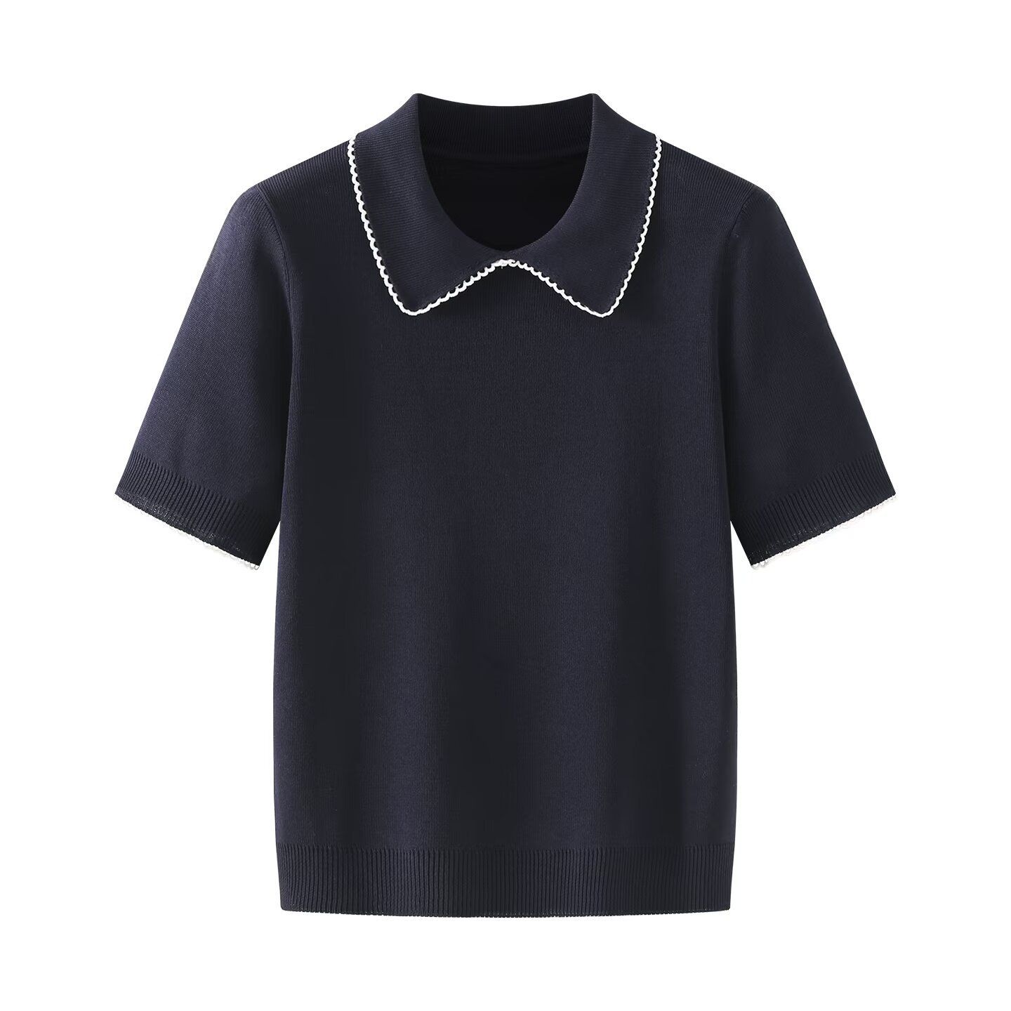 Knit Top Short Sleeve Collar Trim Casual KUN-00021