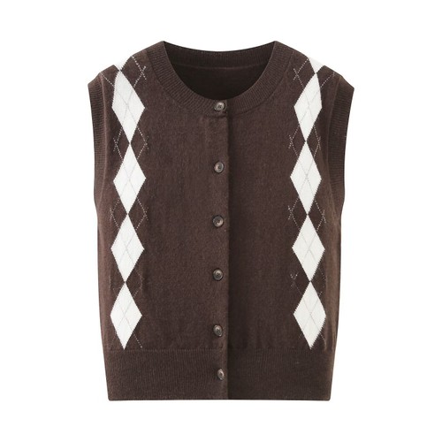 Knit Vest Sleeveless Argyle Retro Top KUN-00044