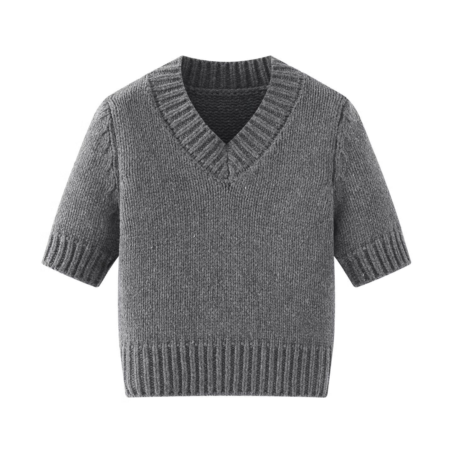 Ribbed Knit V-Neck Crop Top - Stylish Women's Short Sleeve KUN-00015