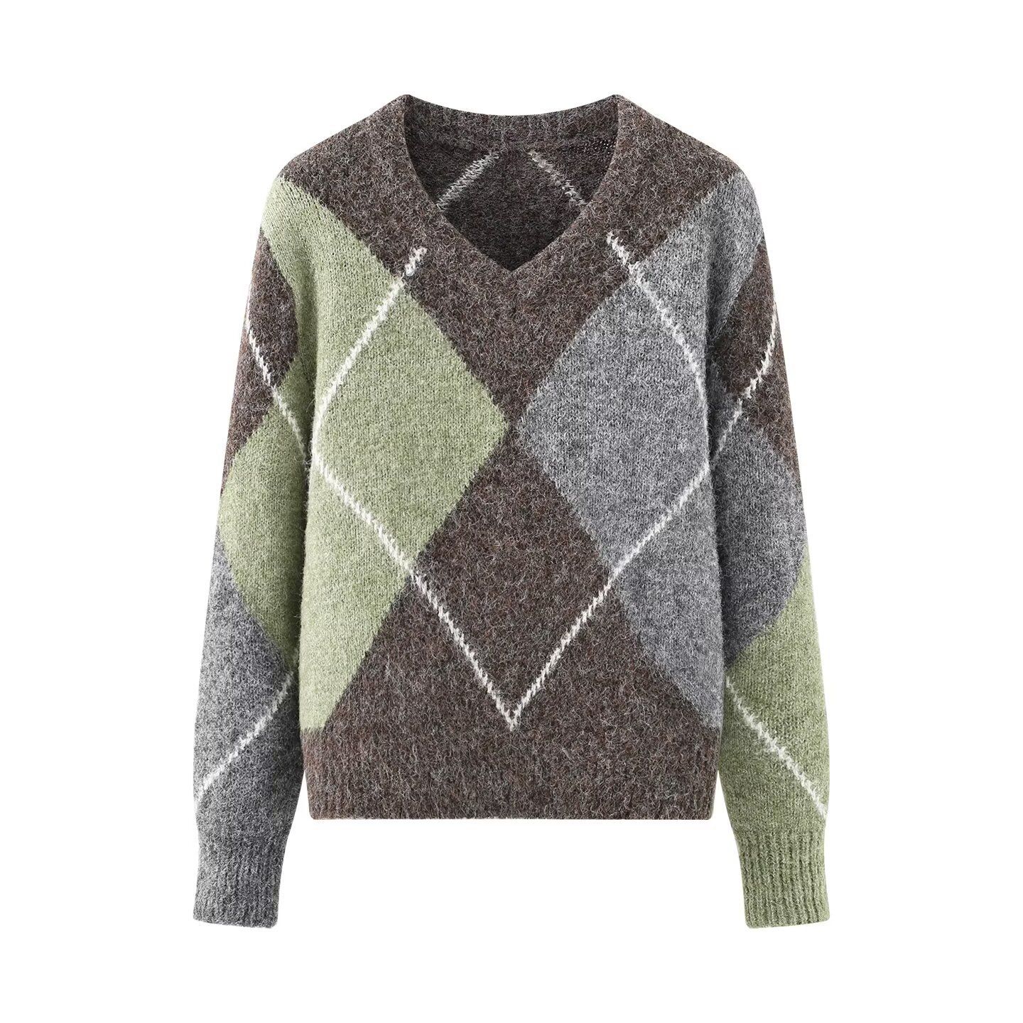 Suéter de punto con estampado de rombos y manga larga - Elegante e informal KUN-00073