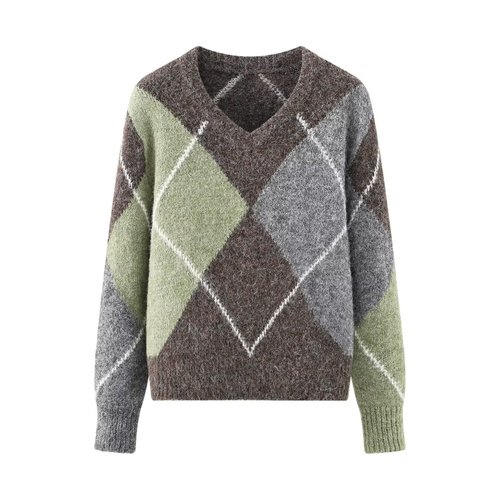 Knitted Diamond Pattern Sweater Long Sleeve - Chic & Casual KUN-00073