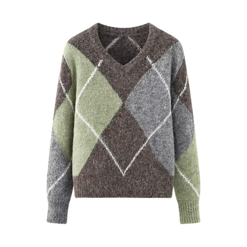 Suéter de punto con estampado de rombos y manga larga - Elegante e informal KUN-00073