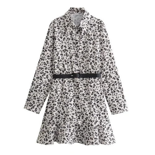 Floral Print Mini Dress with Belt - European Style KUN-00130