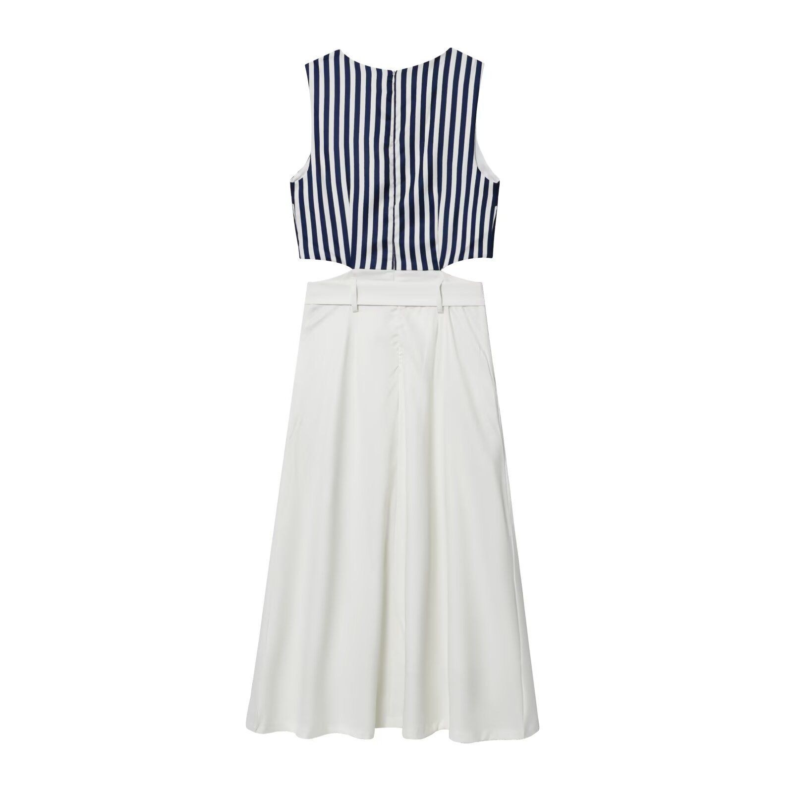 Linen Midi Dress with Belt - Women's Patchwork Style KUN-00067
