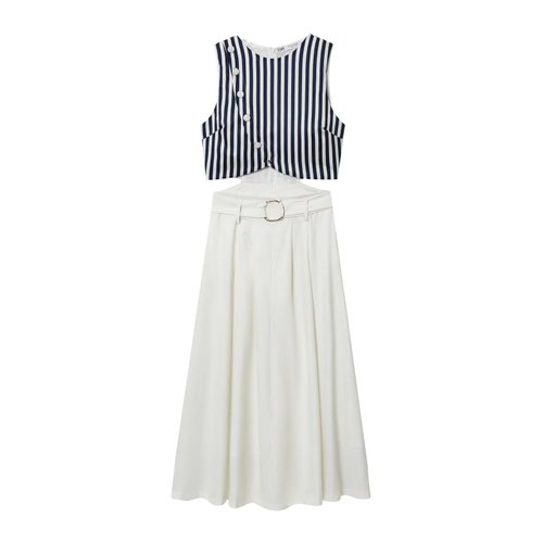 Linen Midi Dress with Belt - Women's Patchwork Style KUN-00067