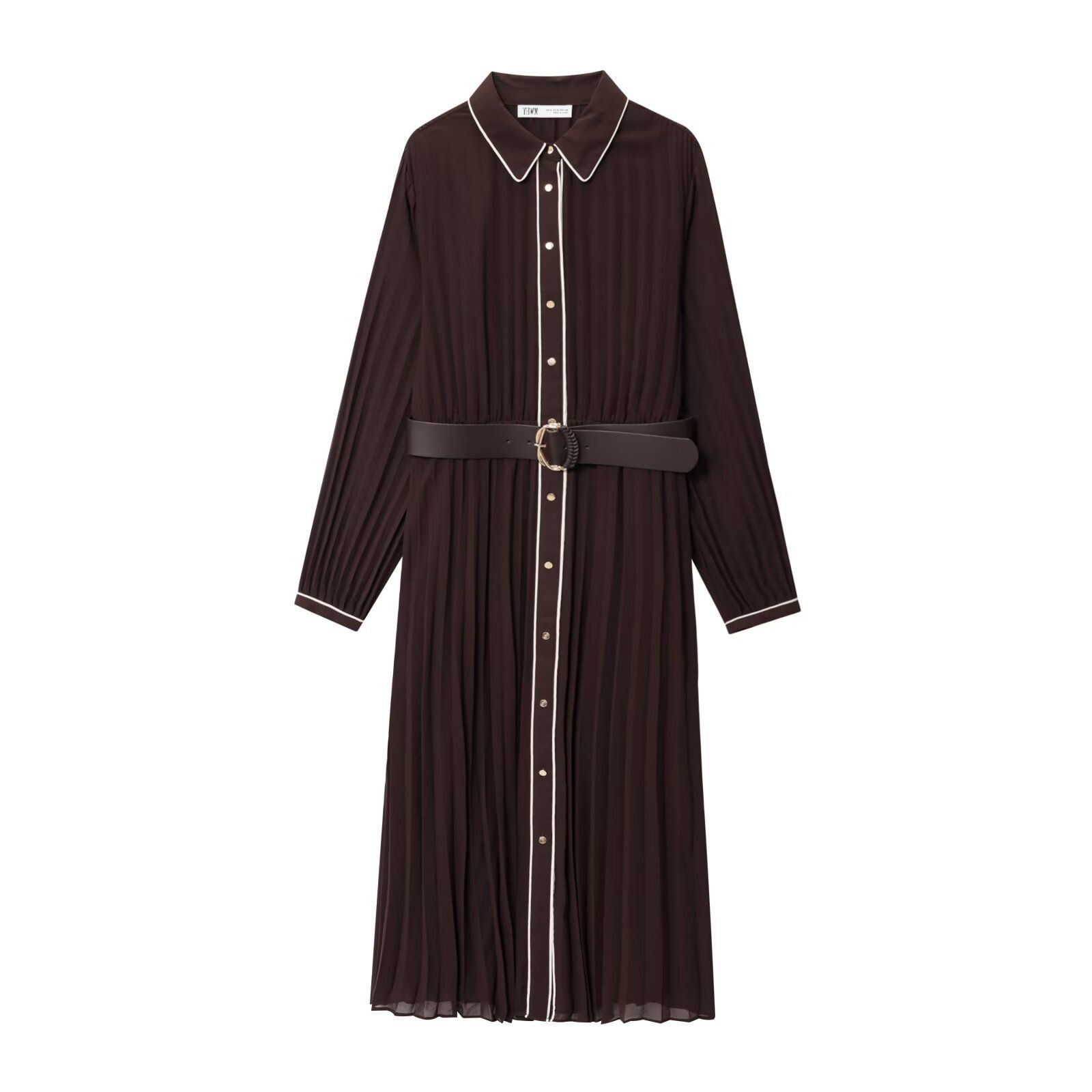 Women's Midi Dress with Belt - Pleated A-Line KUN-00066