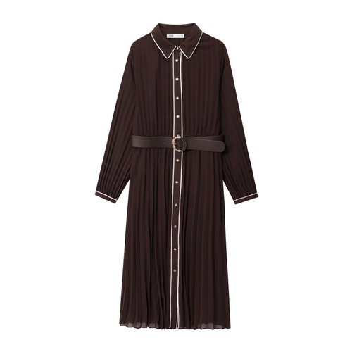 Women's Midi Dress with Belt - Pleated A-Line KUN-00066