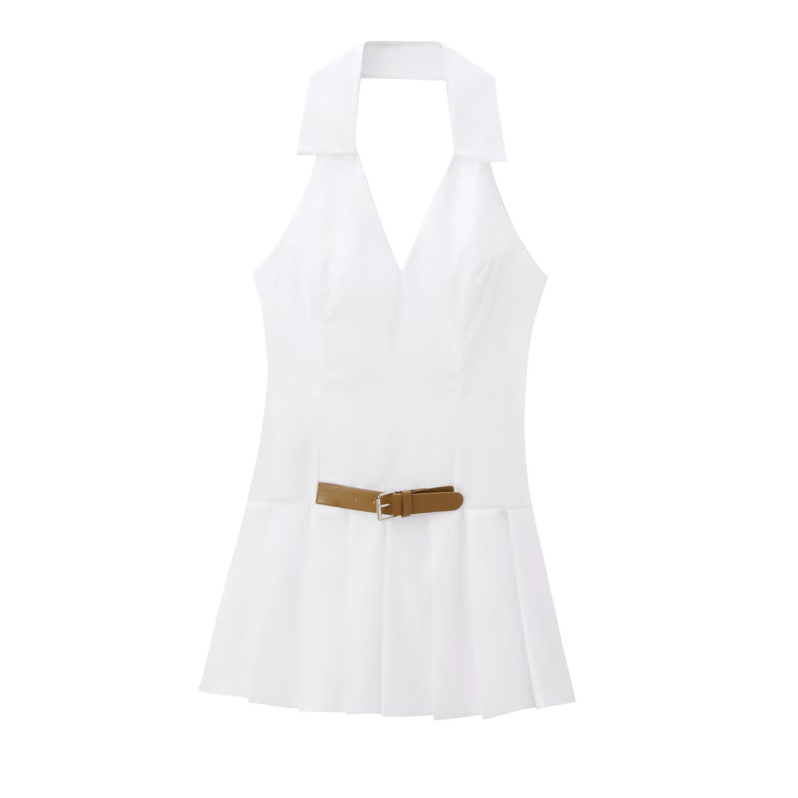 Poplin Halter Neck Dress with Belt - Versatile Women's KUN-00069