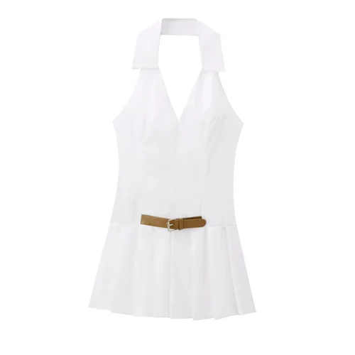 Poplin Halter Neck Dress with Belt - Versatile Women's KUN-00069