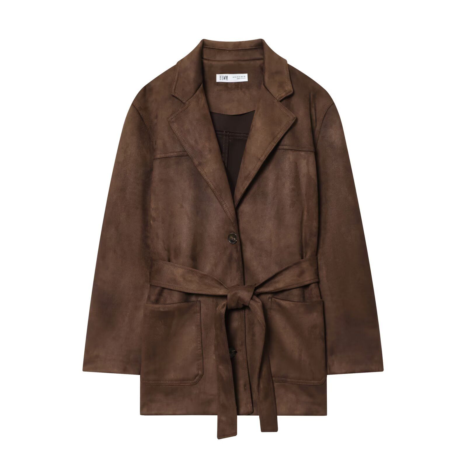 Suede Effect Belted Jacket - Women's European Style KUN-00286
