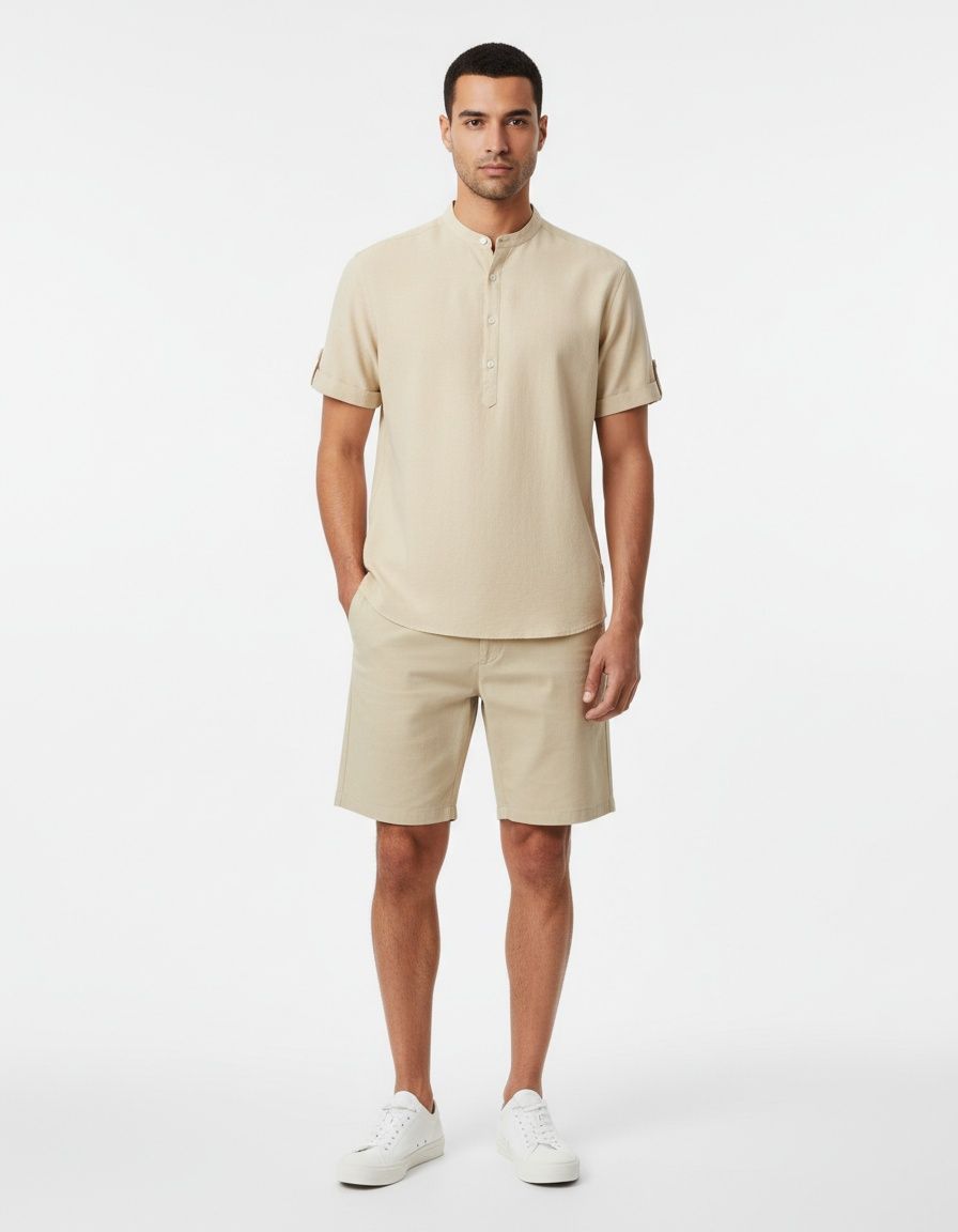 Conjunto de camisa y pantalones cortos de manga corta con cuello alto de color liso para hombre de principios de verano