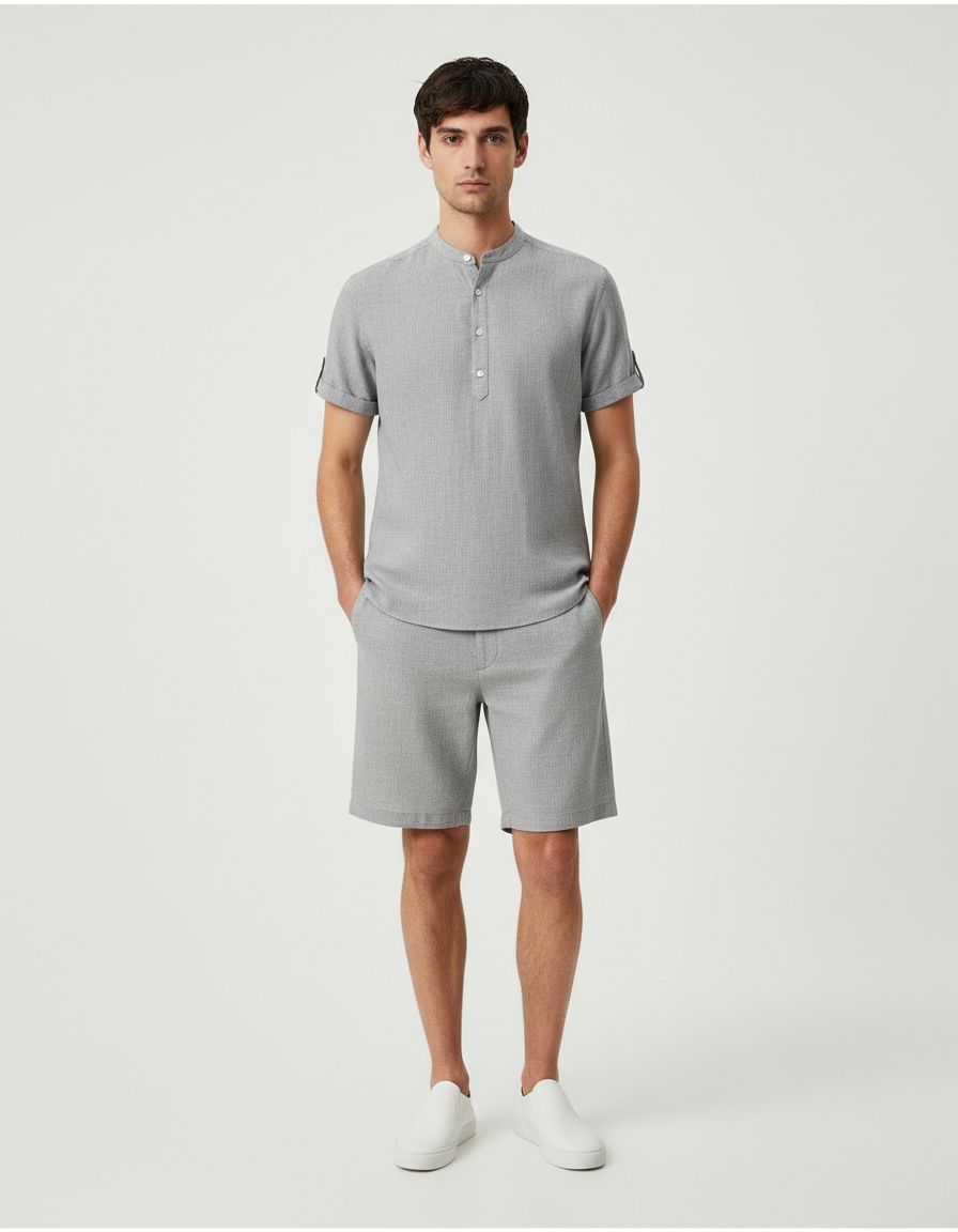 Conjunto de camisa y pantalones cortos de manga corta con cuello alto de color liso para hombre de principios de verano