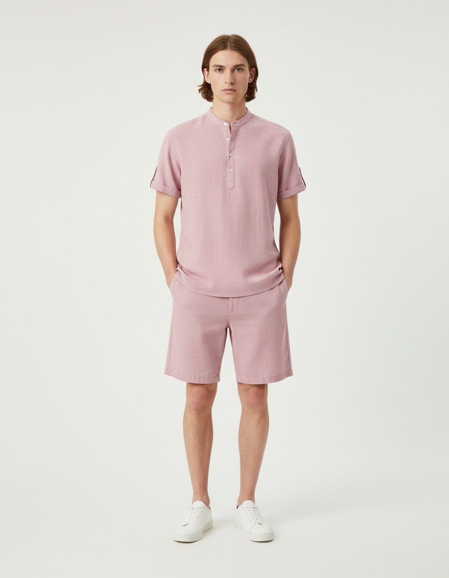 Conjunto de camisa y pantalones cortos de manga corta con cuello alto de color liso para hombre de principios de verano