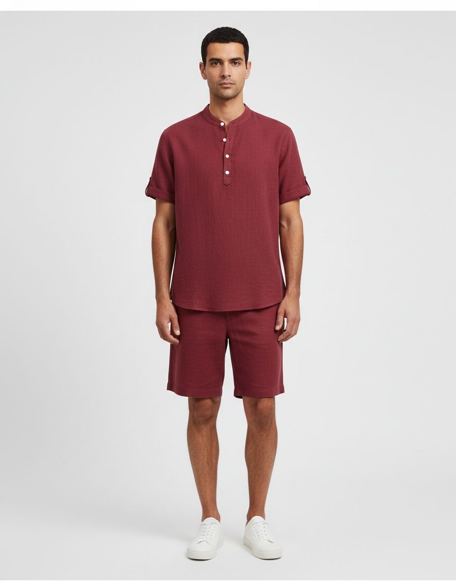 Conjunto de camisa y pantalones cortos de manga corta con cuello alto de color liso para hombre de principios de verano