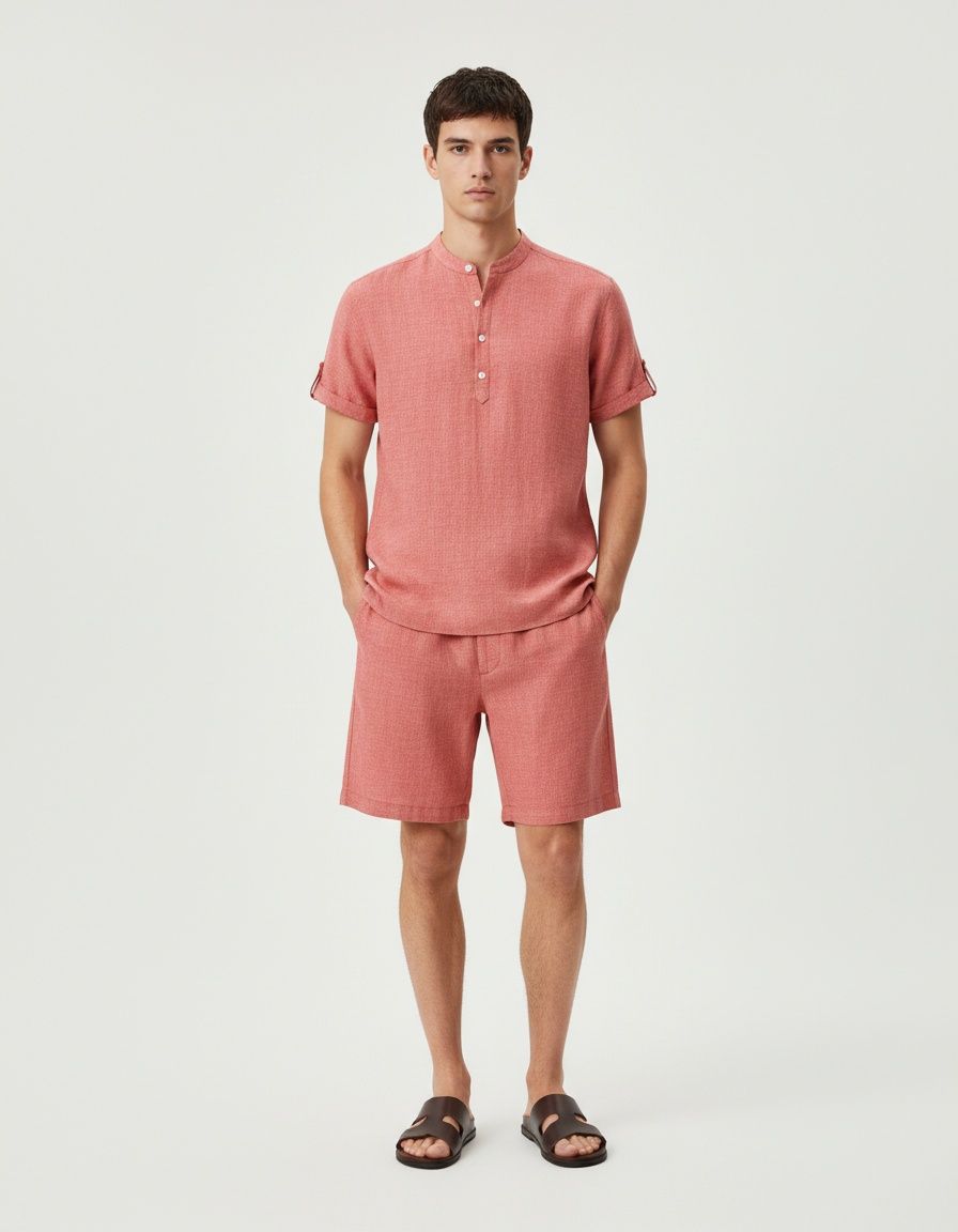 Conjunto de camisa y pantalones cortos de manga corta con cuello alto de color liso para hombre de principios de verano