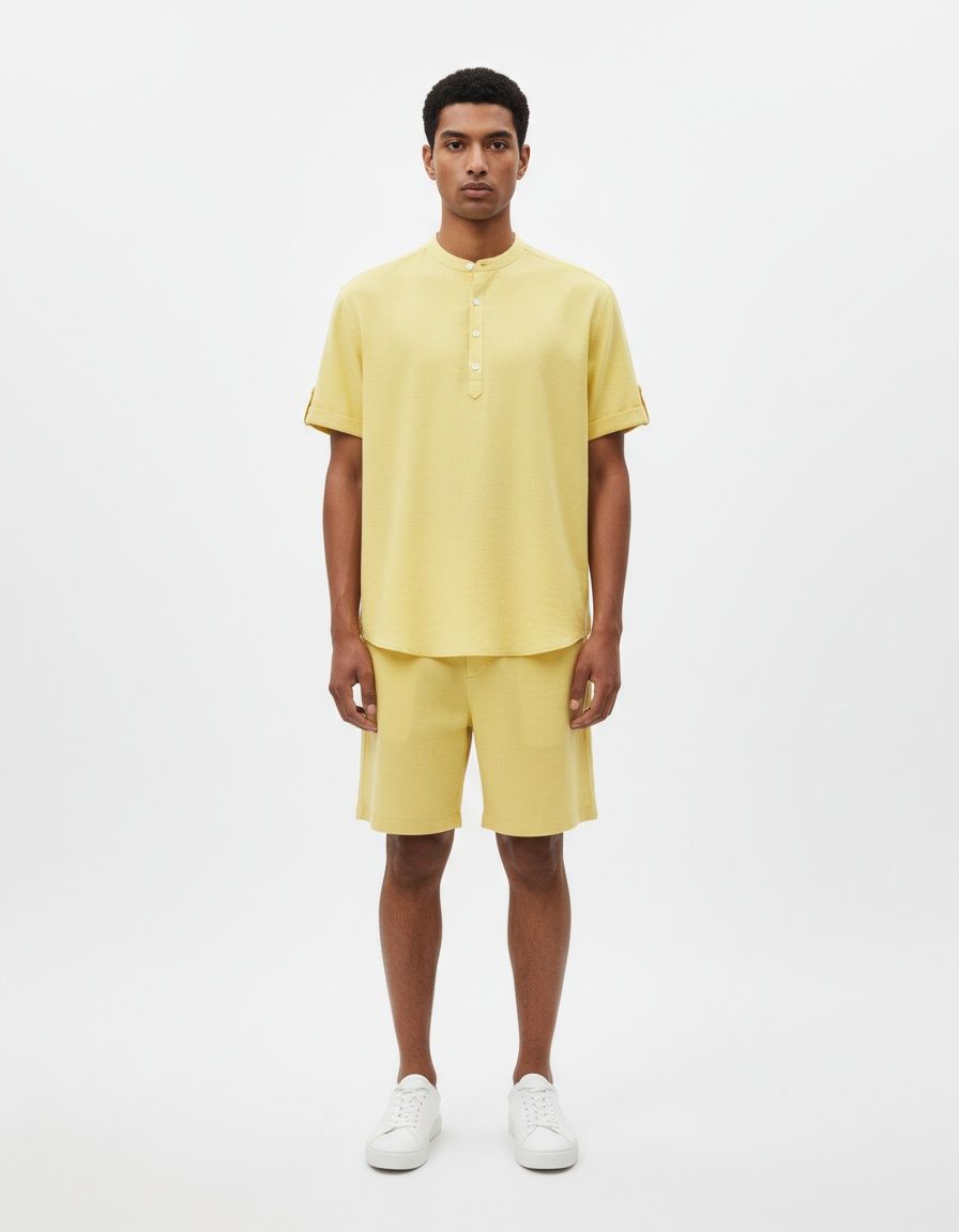 Men's Early Summer Solid Color Stand Collar Short Sleeve Shirt & Shorts Set