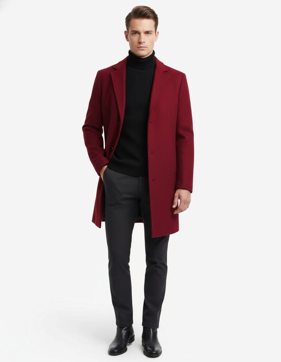 Men's Wool Blend Trench Coat - Slim Fit Mid-Length