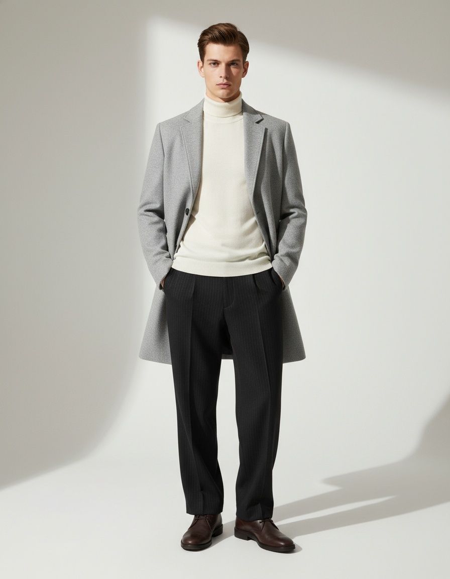 Men's Single-Breasted Solid Color Casual Wool Blend Long Trench Coat