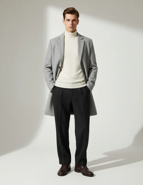 Trench lungo da uomo monopetto in tinta unita, casual, in misto lana.