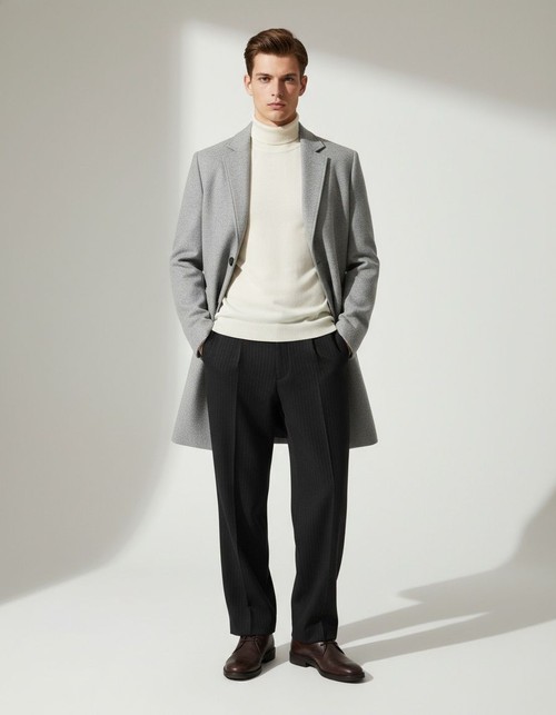 Men's Single-Breasted Solid Color Casual Wool Blend Long Trench Coat