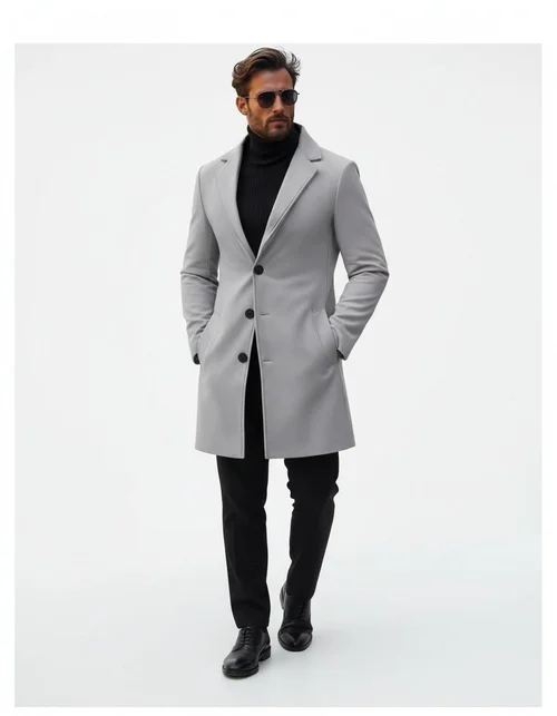 Trench da uomo moderno, slim fit, di media lunghezza, in lana, casual.
