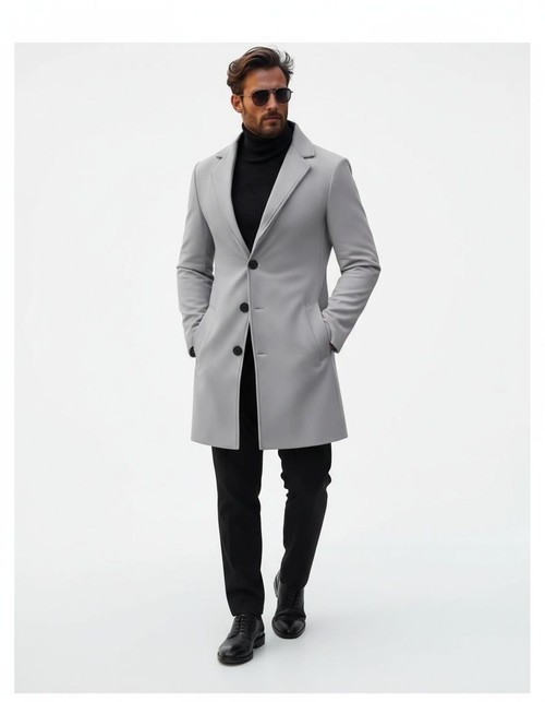 Men's Modern Slim Fit Mid-Length Wool Casual Trench Coat