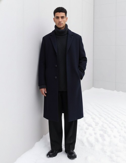 Men's Solid Woolen Longline Business Trench Coat