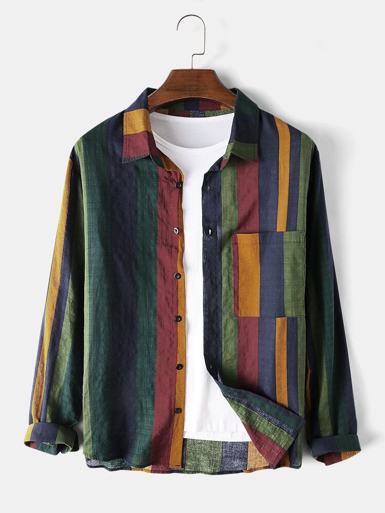 Camisa de manga larga de lino y algodón transpirable a rayas para hombre, informal, con contraste de color